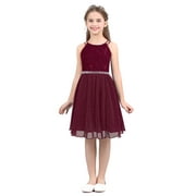 iEFiEL Big Little Girls Halter Neck Chiffon Summer Dress Sleeveless Rhinestone Wedding Birthday Party Dress Burgundy 16