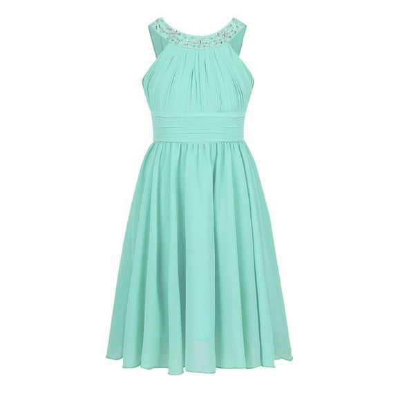 iEFiEL Big Little Girls Halter Neck Chiffon Summer Dress Sleeveless Rhinestone Wedding Birthday Party Dress Mint Green 10