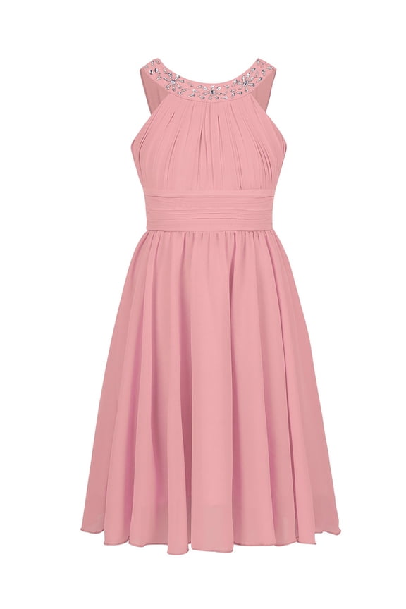 Big Little Girls Halter Neck Chiffon Summer Dress Sleeveless Rhinestone Wedding Birthday Party Dress Pink 4