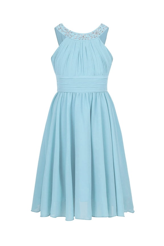 Big Little Girls Halter Neck Chiffon Summer Dress Sleeveless Rhinestone Wedding Birthday Party Dress Sky Blue 4