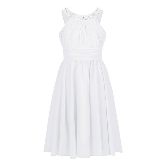 iEFiEL Big Little Girls Halter Neck Chiffon Summer Dress Sleeveless Rhinestone Wedding Birthday Party Dress White 10