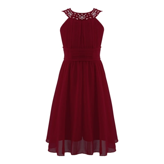 iEFiEL Big Little Girls Halter Neck Chiffon Summer Dress Sleeveless Rhinestone Wedding Birthday Party Dress Wine Red 12