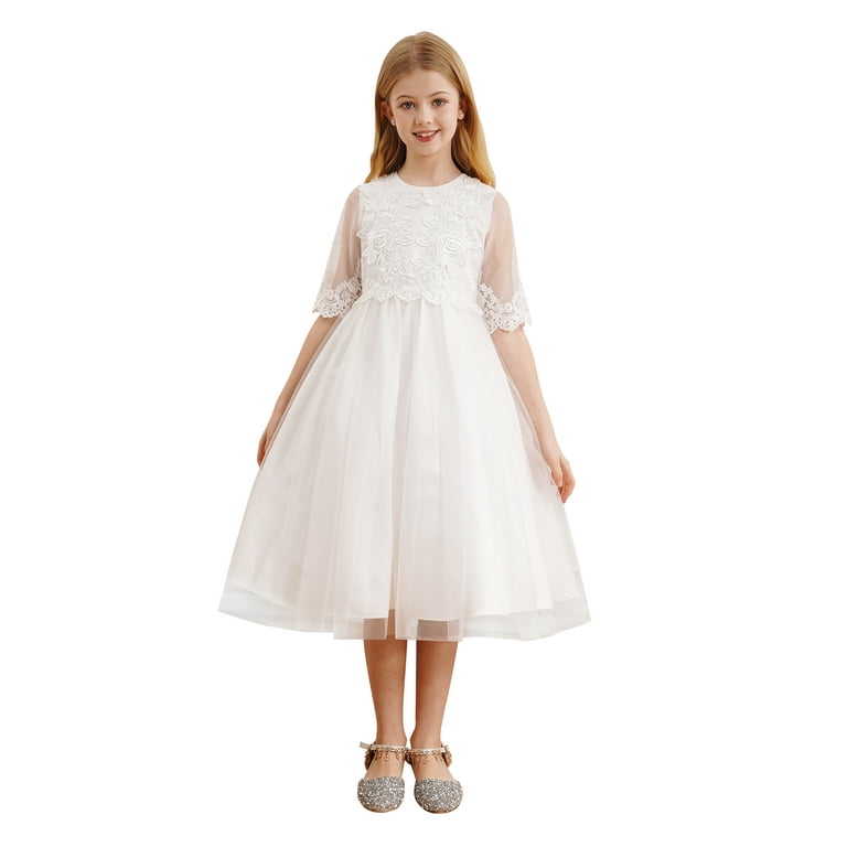 iEFiEL Flower Girls Dress Kids Girls Flower Embroidery Party Ball Gown High Waist tulle Bridesmaid Dress White 8