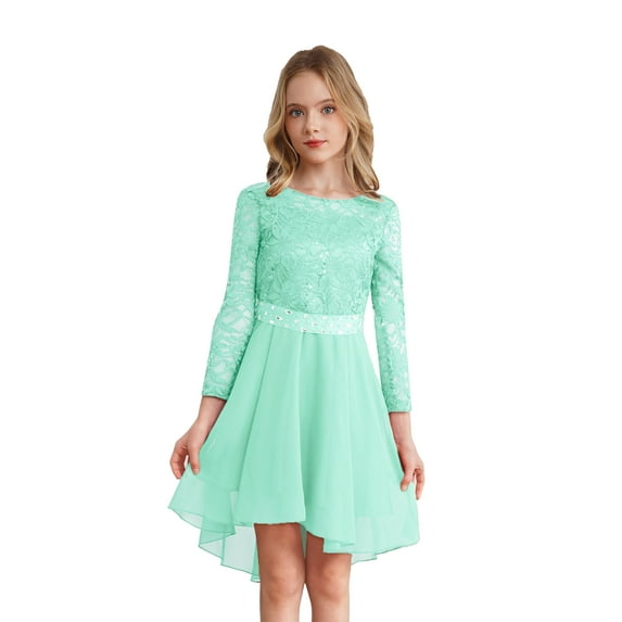 iEFiEL Flower Girls Lace Chiffon Dress Long Sleeve High-Low Hem Wedding Birthday Party Dress Pageant Ball Gown Mint Green 6