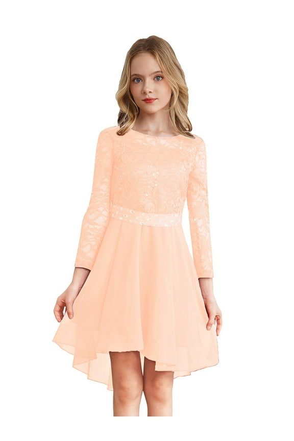 Flower Girls Lace Chiffon Dress Long Sleeve High-Low Hem Wedding Birthday Party Dress Pageant Ball Gown Nude 10
