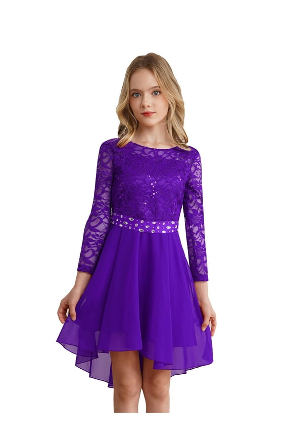 Flower Girls Lace Chiffon Dress Long Sleeve High-Low Hem Wedding Birthday Party Dress Pageant Ball Gown Purple 16
