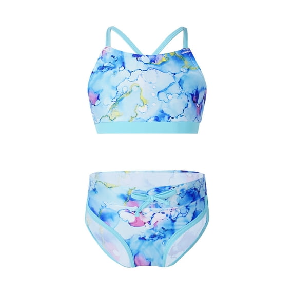 iEFiEL Girl's Geometric Patterns Swimsuit Two Pieces Tie Dye Bikini Set Bathing Suit,Sizes 3T-14 Watercolor Blue 12