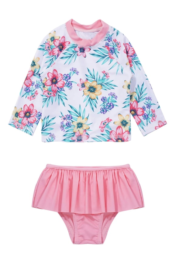 Girl's Pink Rash Guard Set Bathing Suit Long Sleeve Shirt with Skirt Bottom Swimsuit