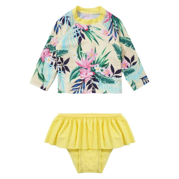 iEFiEL Girl's Pink Rash Guard Set Bathing Suit Long Sleeve Shirt with Skirt Bottom Swimsuit