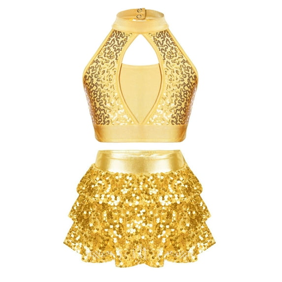 iEFiEL Girls 2Pcs Dance Outfit Sparkle Sequins Crop Top with Ruffles Skirted Shorts Carnival Performance Costume Gold 14