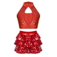 thumbnail image 1 of iEFiEL Girls 2Pcs Dance Outfit Sparkle Sequins Crop Top with Ruffles Skirted Shorts Carnival Performance Costume Red 8, 1 of 5