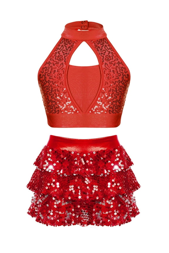 Girls 2Pcs Dance Outfit Sparkle Sequins Crop Top with Ruffles Skirted Shorts Carnival Performance Costume Red 8