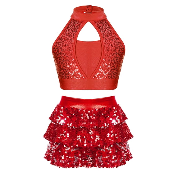 iEFiEL Girls 2Pcs Dance Outfit Sparkle Sequins Crop Top with Ruffles Skirted Shorts Carnival Performance Costume Red 8