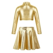 iEFiEL Girls 2Pcs Metallic Latin Jazz Cheer Performance Dance Costume Long Sleeve Crop Top with Pleated Skirt Gold 14