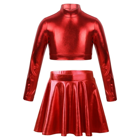 iEFiEL Girls 2Pcs Metallic Latin Jazz Cheer Performance Dance Costume Long Sleeve Crop Top with Pleated Skirt Red-B 10