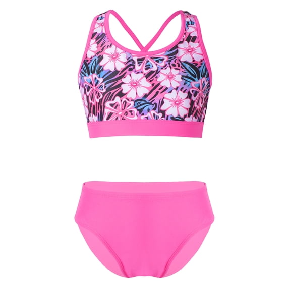 iEFiEL Girls 2Pcs Printed Swimwear Outfit Strappy Back Crop Vest Tops with Briefs Bottoms Set Swimsuit Rose Red 12