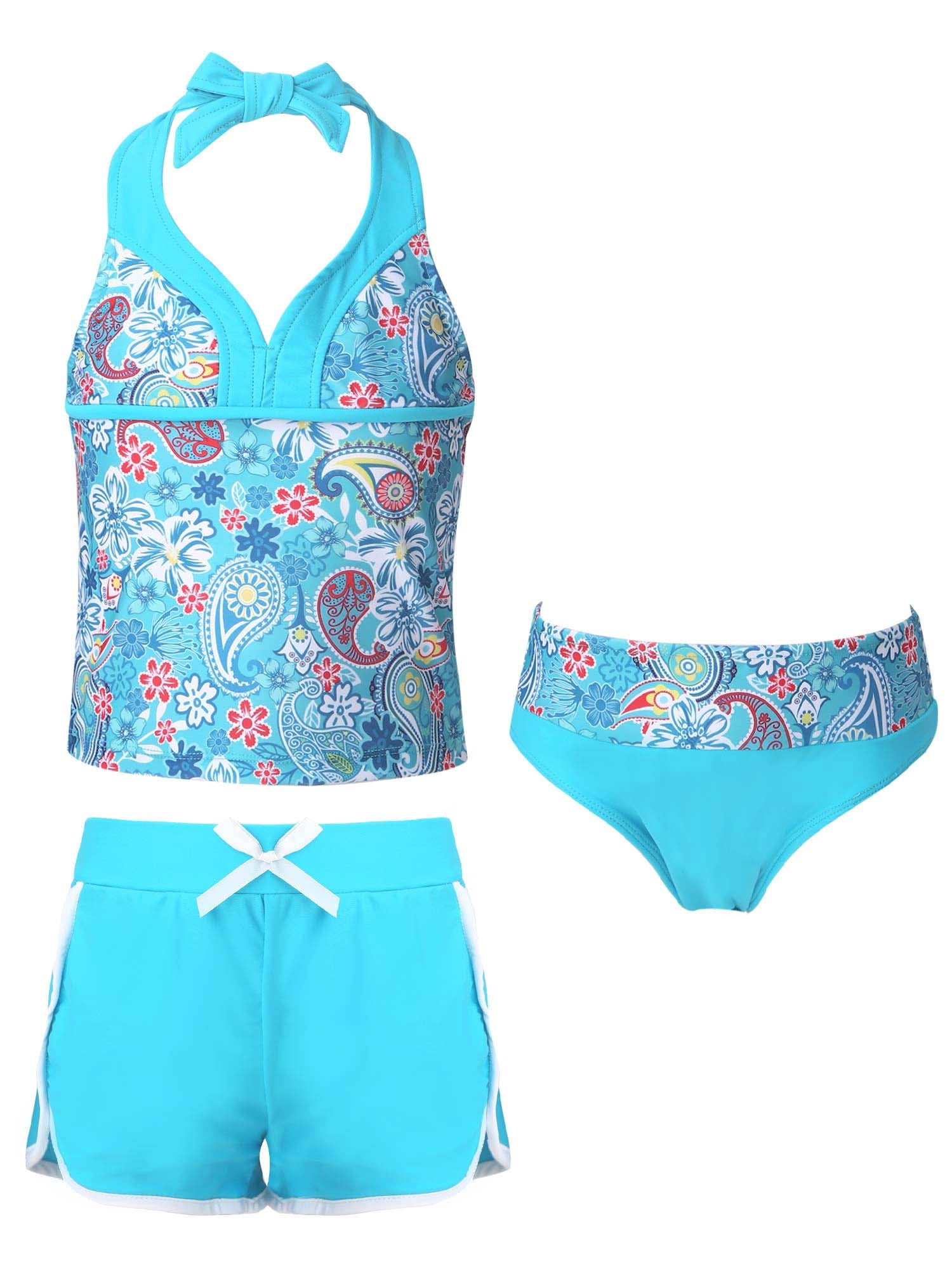 Kaerm Kids Girls 3-Piece Tankini Set - Halter Crop Top, Briefs & Boyshorts, Ethnic Pattern Print Swimwear