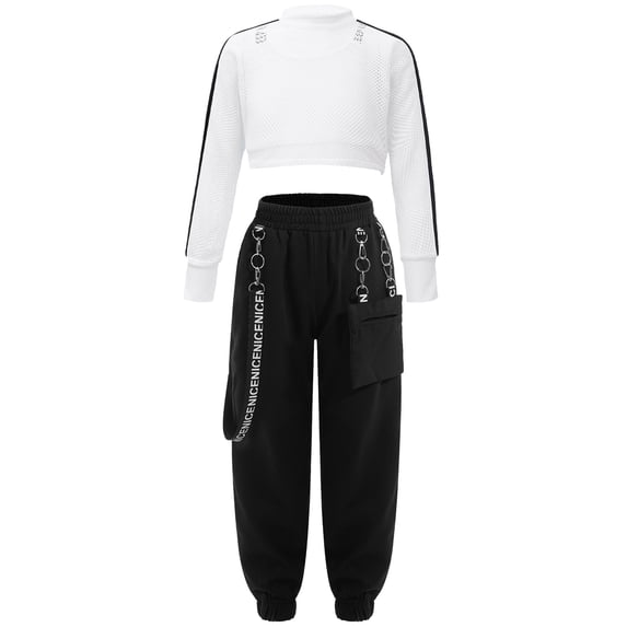 iEFiEL Girls 3Pcs Sports Suit Juniors Hip-Hop Dancewear Mesh Long Sleeve Crop Top Vest with Metal Chain Pocket Pants Set Ivory 14