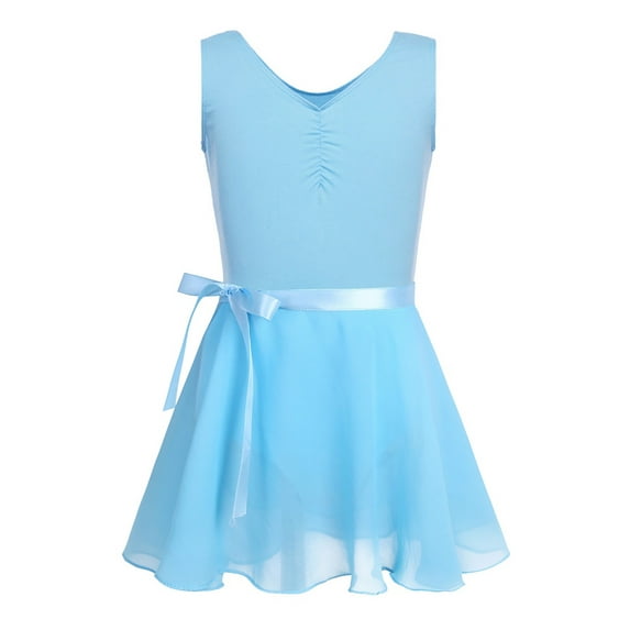 iEFiEL Girls Ballet Gymnastics Basic Leotard with Chiffon Wrap Skirt Sky Blue 5-6