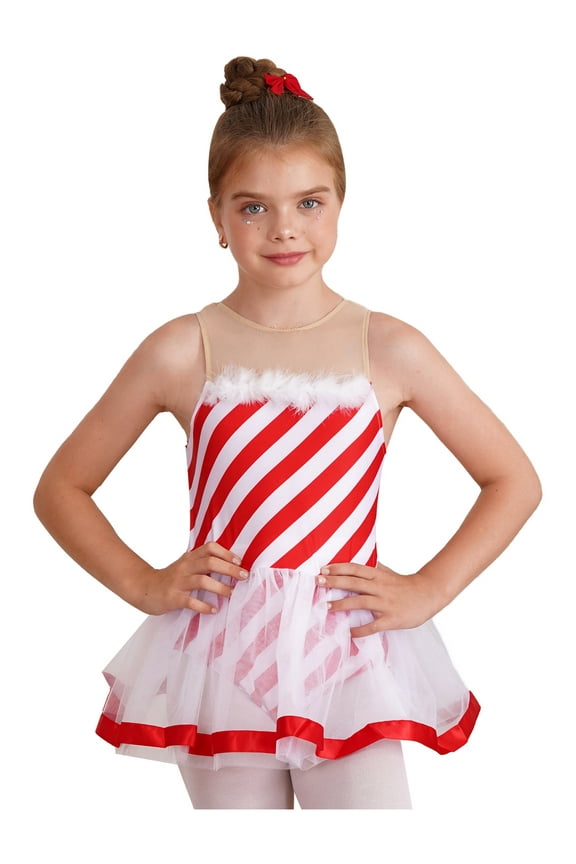Girls Candy Cane Christmas Costume Fuzzy Stripes Ballet Dance Figure Ice Skating Tutu Leotard Dress Red 12