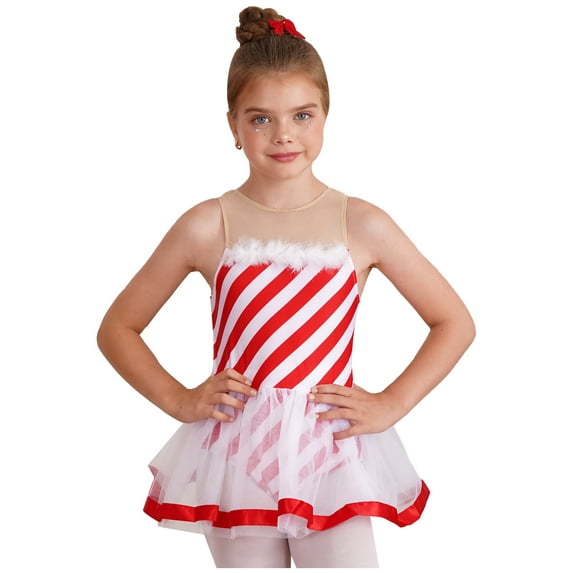 iEFiEL Girls Candy Cane Christmas Costume Fuzzy Stripes Ballet Dance Figure Ice Skating Tutu Leotard Dress Red 6