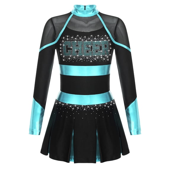 iEFiEL Girls Cheer Leader Dancewear Schoolgirl Cheerleading Uniform Long Sleeve Shiny Rhinestone Mesh Dress Black&Blue Green 6