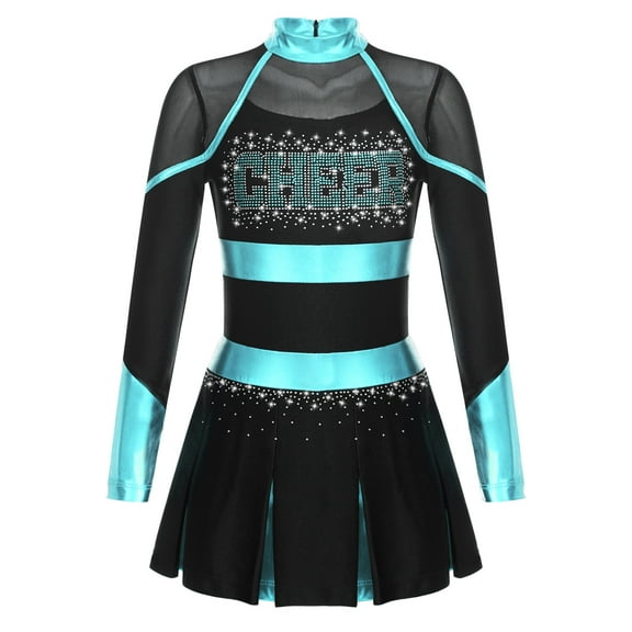 iEFiEL Girls Cheer Leader Dancewear Schoolgirl Cheerleading Uniform Long Sleeve Shiny Rhinestone Mesh Dress Black&Blue Green 8