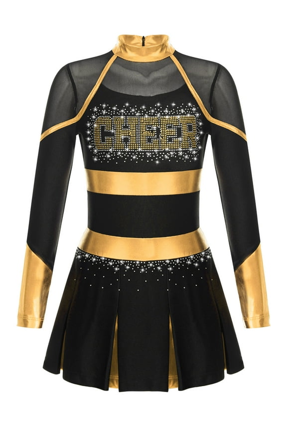 Girls Cheer Leader Dancewear Schoolgirl Cheerleading Uniform Long Sleeve Shiny Rhinestone Mesh Dress Black&Gold 14