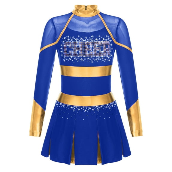 iEFiEL Girls Cheer Leader Dancewear Schoolgirl Cheerleading Uniform Long Sleeve Shiny Rhinestone Mesh Dress Blue 14