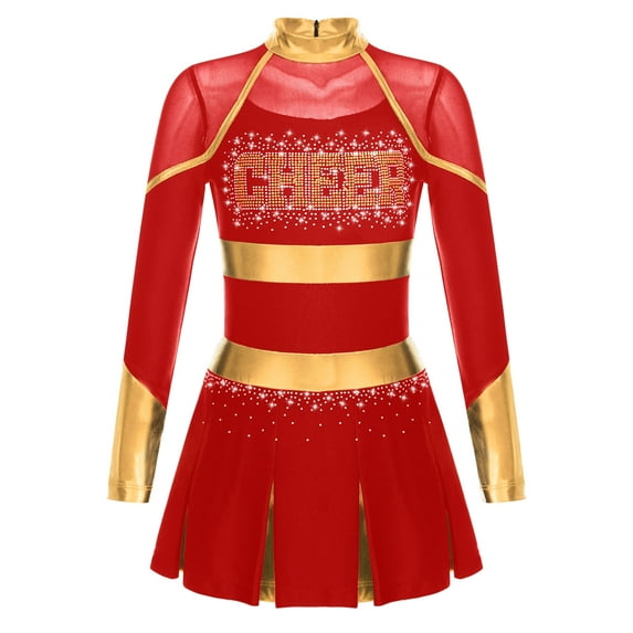 iEFiEL Girls Cheer Leader Dancewear Schoolgirl Cheerleading Uniform Long Sleeve Shiny Rhinestone Mesh Dress Red 16