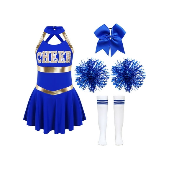 iEFiEL 4Pcs Kids Girls Cheerleading Uniform Dress with Pom Poms Stocking Hair Tie Set A Blue 8