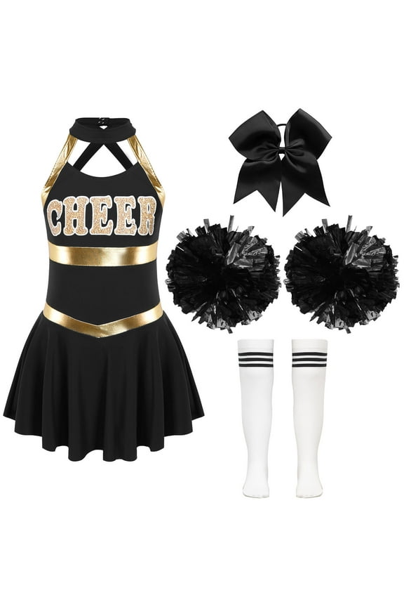 4Pcs Kids Girls Cheerleading Uniform Dress with Pom Poms Stocking Hair Tie Set B White&Black 8