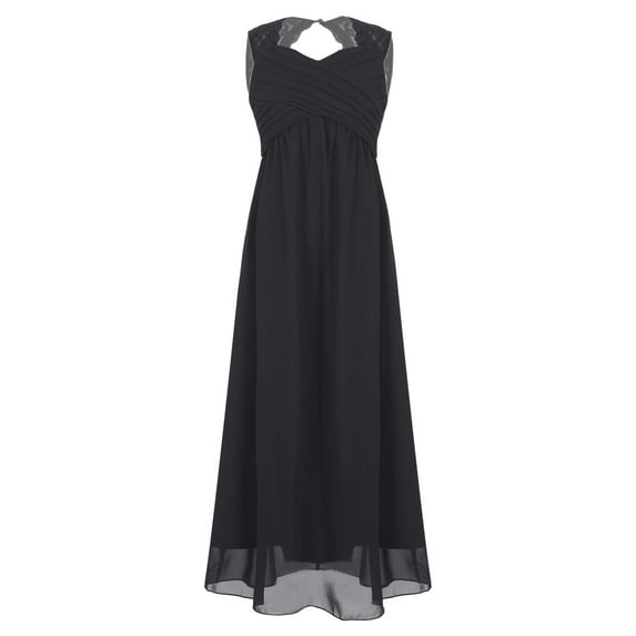 iEFiEL Girls Chiffon Bridesmaid Dress High Waist Floral Lace Shoulder Straps Birthday Party Dress Black 6