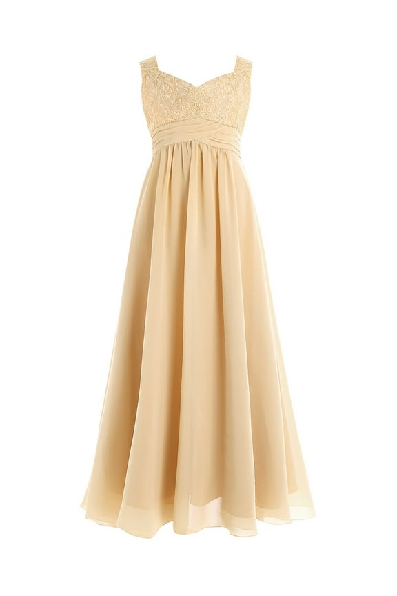 Girls Chiffon Lace Flower Girl Dress Wedding Bridesmaid Gown Champagne 4