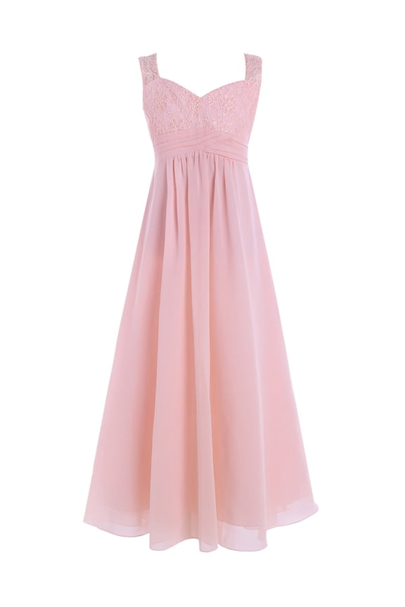 Girls Chiffon Lace Flower Girl Dress Wedding Bridesmaid Gown Pearl Pink 4