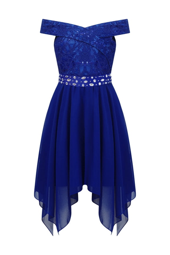 Girls Chiffon Off Shoulder Dress High-Low Rhinestone Bridesmaid Dress Wedding Pageant Evening Gown A Blue 12