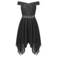 thumbnail image 1 of iEFiEL Girls Chiffon Off Shoulder Dress High-Low Rhinestone Bridesmaid Dress Wedding Pageant Evening Gown Black 16, 1 of 5