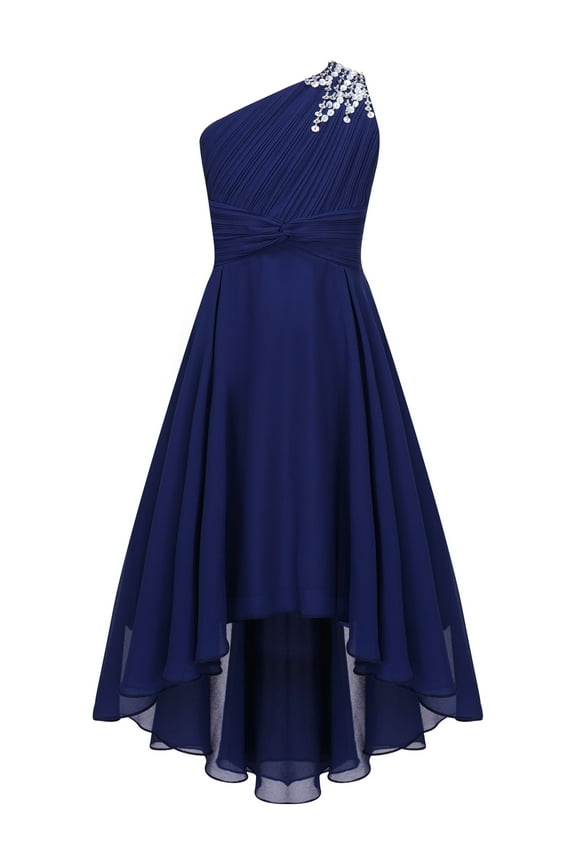 Girls Chiffon One Shoulder Flowers Wedding Bridesmaid High Low Dress Pageant Prom Ball Gown