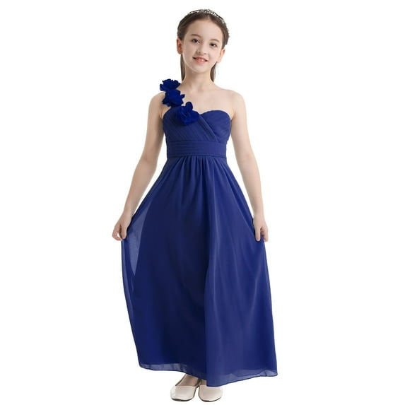 iEFiEL Girls Chiffon One-shoulder Flower Girl Dress High Waist Pleated Princess Bridesmaid Birthday Party Dress