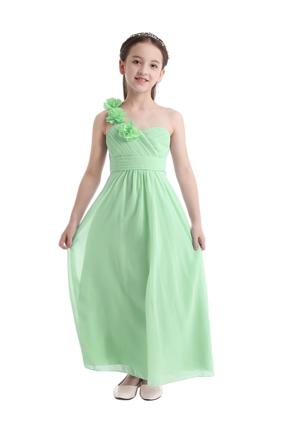 Girls Chiffon One-shoulder Flower Girl Dress High Waist Pleated Princess Bridesmaid Birthday Party Dress