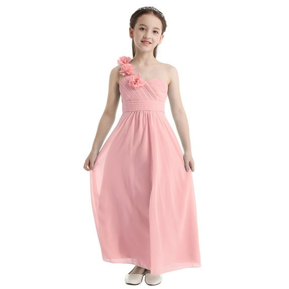 iEFiEL Girls Chiffon One-shoulder Flower Girl Dress High Waist Pleated Princess Bridesmaid Birthday Party Dress
