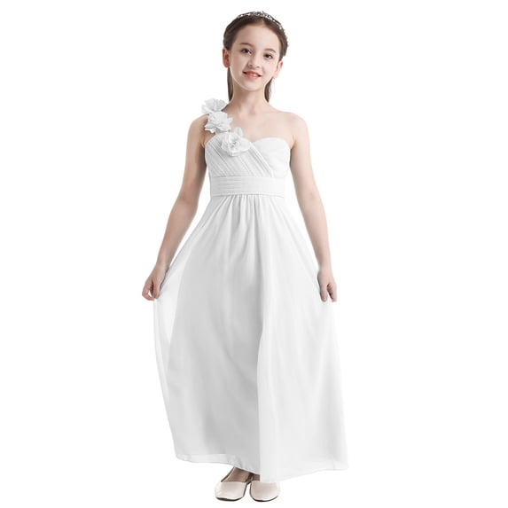 iEFiEL Girls Chiffon One-shoulder Flower Girl Dress High Waist Pleated Princess Bridesmaid Birthday Party Dress