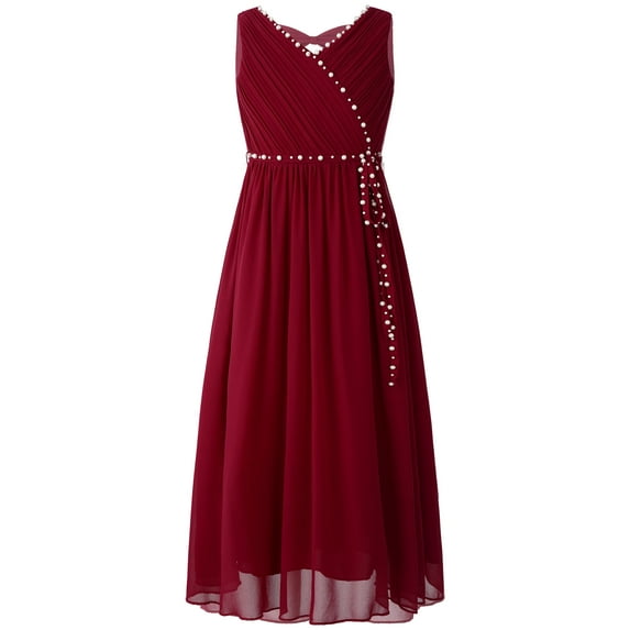 iEFiEL Girls Chiffon Pleated High-waisted Princess Pageant Bridesmaid Birthday Party Dress Burgundy 8