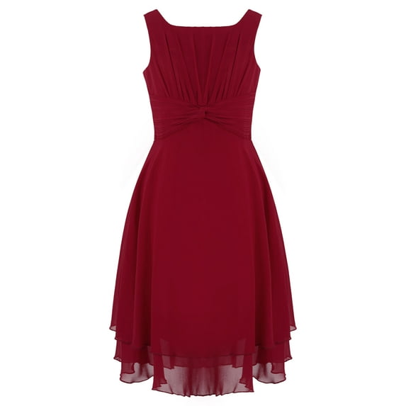 iEFiEL Girls Chiffon Pleated High-waisted Princess Pageant Bridesmaid Birthday Party Dress Wine Red 4