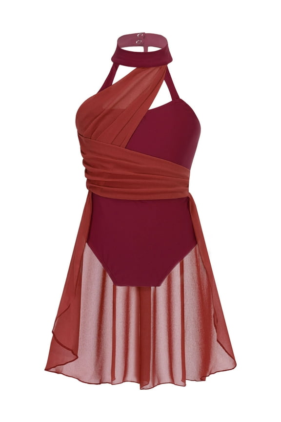 Girls Chiffon Ruched Ballet Leotard Lyrical Contemporary Dance Dress Costume