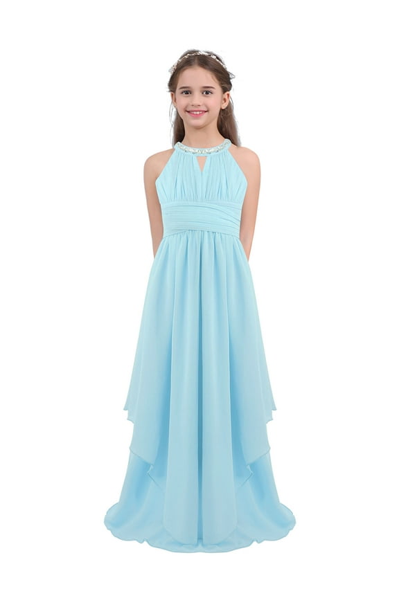 Girls Chiffon Sequined Flower Girl Dress Halter Princess Pageant Wedding Bridesmaid Dress Light Blue 12