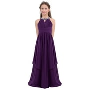 iEFiEL Girls Chiffon Sequined Flower Girl Dress Halter Princess Pageant Wedding Bridesmaid Dress Purple 16