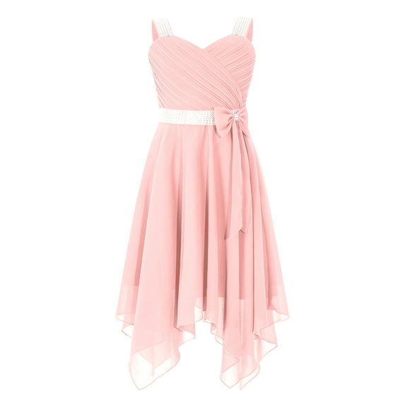 iEFiEL Girls Chiffon Shiny Sequin Bowknot Birthday Party Dress Asymmetrical Hem Prom Wedding Flower Girls Dress A Pink 12