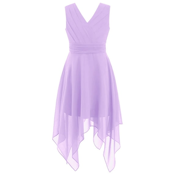 iEFiEL Girls Chiffon Solid Color Wedding Party Dress V Neck Wide Shoulder Straps Holiday Dress Lavender 10