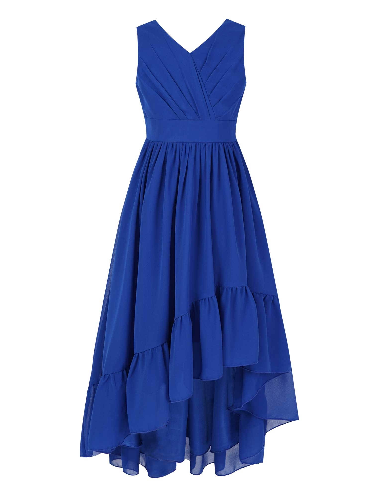 Iefiel Girls Chiffon Solid Color Wedding Party Dress V Neck Wide Shoulder Straps Holiday Dress Royal Blue 6, Girl's, Black
